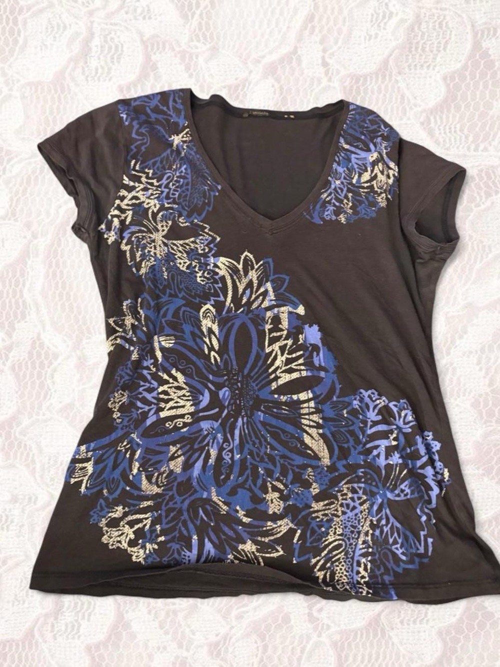 Tahari Black V-Neck Tee with Blue and Cream Floral Print
